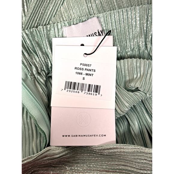 Sabina Musayev Pants Small Womens Mint Green Metallic Plisse Pleat Wide Leg - Picture 7 of 8